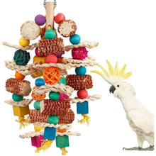 Hanging parrot chew toy with natural corn cob pieces, rope perches, and colorful beads
