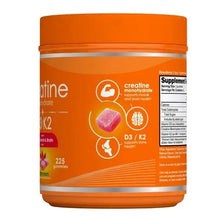 Creatine D3/K2 gummies supplement bottle with front label and gummy icon, orange cap