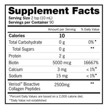 Supplement Facts label for liquid collagen and biotin dietary supplement