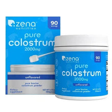 Zena Pure colostrum dietary supplement jar with matching blue box and scoop