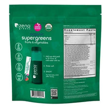 Zena greens organic supergreens pouch back with supplement facts panel and directions
