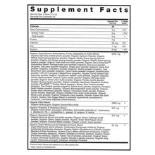 Supplement Facts label for organic supergreens powder, serving size and nutrients table