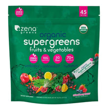 Zena greens organic supergreens powder pouch, front with 45 servings label