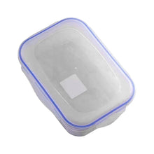 Rectangular meal prep container with lid, translucent gray plastic and blue edge