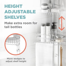 Height-adjustable shower caddy with four wire baskets and towel bar