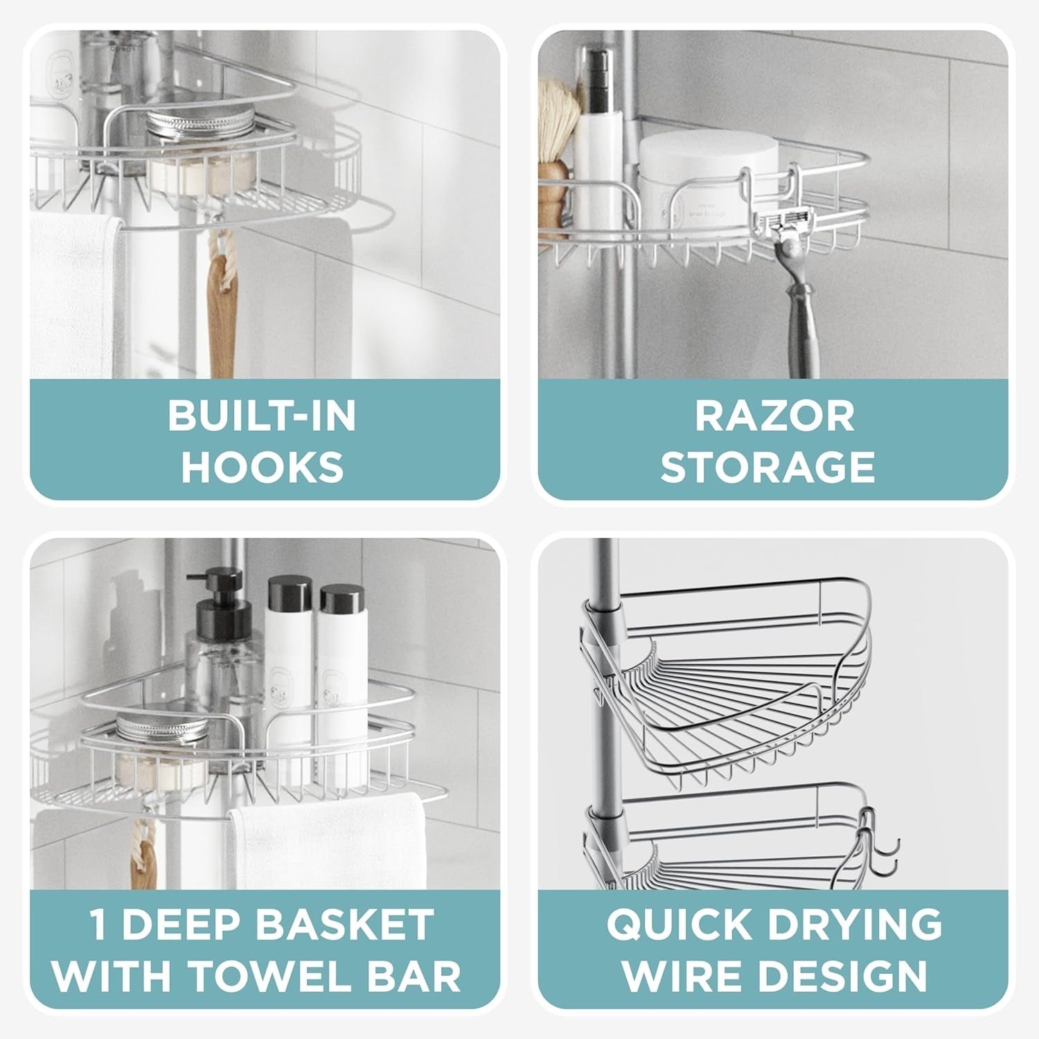 Zenna Home Tension Pole Shower Caddy Corner Organizer, Adjustable Standing Shower Caddy with 4 Baskets and Built in Towel Bar, Rust Resistant Bathroom Tension Rod Organizer, 60 to 97 Inch