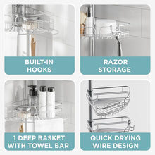 Wire shower caddy with built-in hooks and deep basket with towel bar