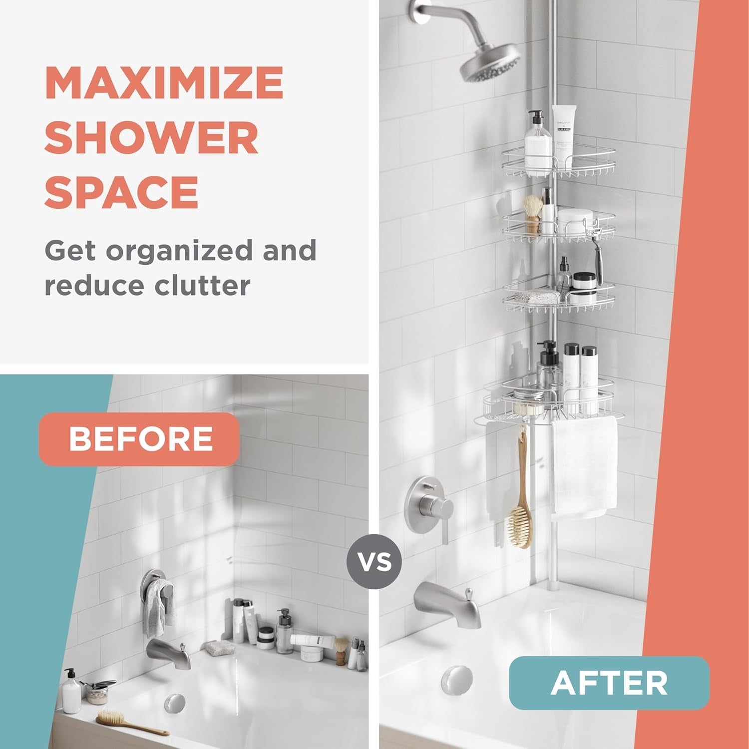 Zenna Home Tension Pole Shower Caddy Corner Organizer, Adjustable Standing Shower Caddy with 4 Baskets and Built in Towel Bar, Rust Resistant Bathroom Tension Rod Organizer, 60 to 97 Inch