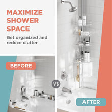Corner shower caddy with wire baskets and towel bar mounted on shower wall