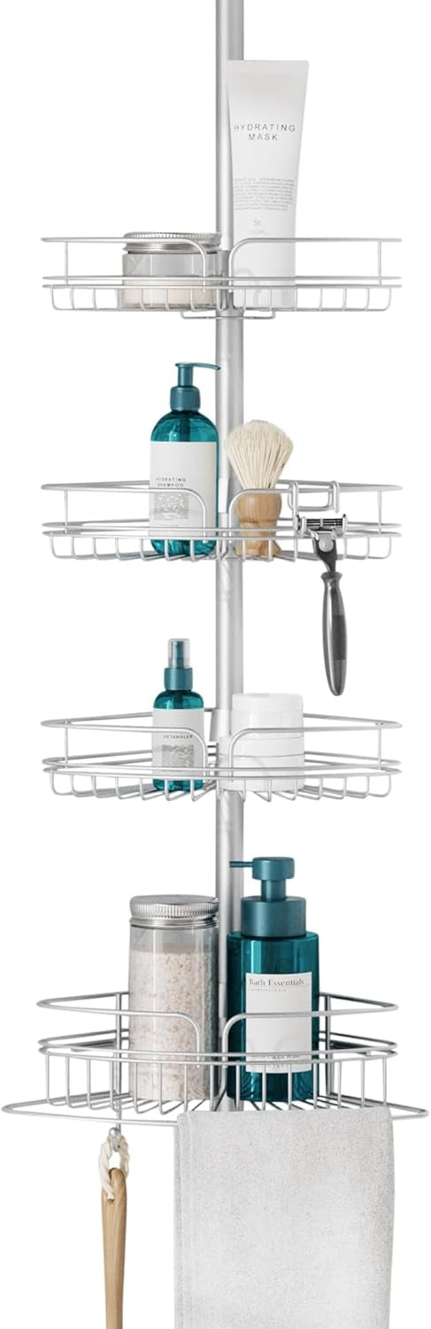 Zenna Home Tension Pole Shower Caddy Corner Organizer, Adjustable Standing Shower Caddy with 4 Baskets and Built in Towel Bar, Rust Resistant Bathroom Tension Rod Organizer, 60 to 97 Inch