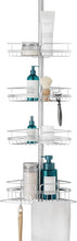 Adjustable corner shower caddy with four wire baskets and towel bar, chrome finish