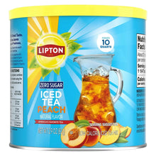 Zero sugar iced tea mix tub with yellow lid and Lipton Peach label