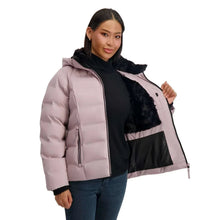 Women’s purple puffer jacket front with black interior lining and zip side pocket