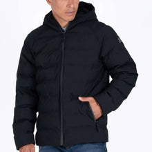 Men's black puffer jacket with full-zip front, hooded collar, and side pocket opening.
