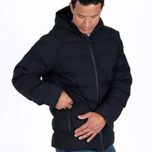 Men's black puffer jacket with full-zip front and hood, showing pocket and cuff details.