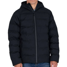 Men's black puffer jacket with zip front and hood, elastic cuffs, quilted insulation