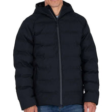 Men's black puffer jacket with full-zip front and insulated quilted body, hooded collar.