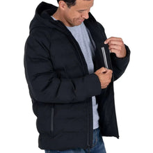 Men's black puffer jacket with full-zip front, zip pocket, and hooded collar detail.