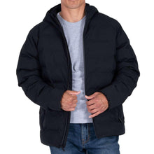 Men's black puffer jacket with full-zip front and drawstring hood, side pockets.