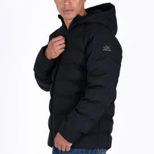 Men's black puffer jacket with hood and full-zip front, sleeve logo detail.