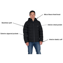 Men's black puffer jacket with micro-fleece hood, interior chest pocket, elastic cuffs.