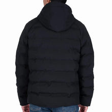 Men's black puffer jacket with hood and quilted back, padded insulation look.