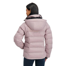 Women’s purple puffer jacket back view with faux fur lined hood