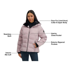 Women’s purple puffer jacket details: faux fur hood, chest pocket, zip pockets