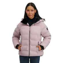 Women’s purple puffer jacket with faux fur lined hood and front zip closure