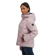 Women’s purple puffer jacket with faux fur-lined hood, front zip, side view