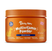 Zesty Paws multivitamin powder jar with orange lid and front label