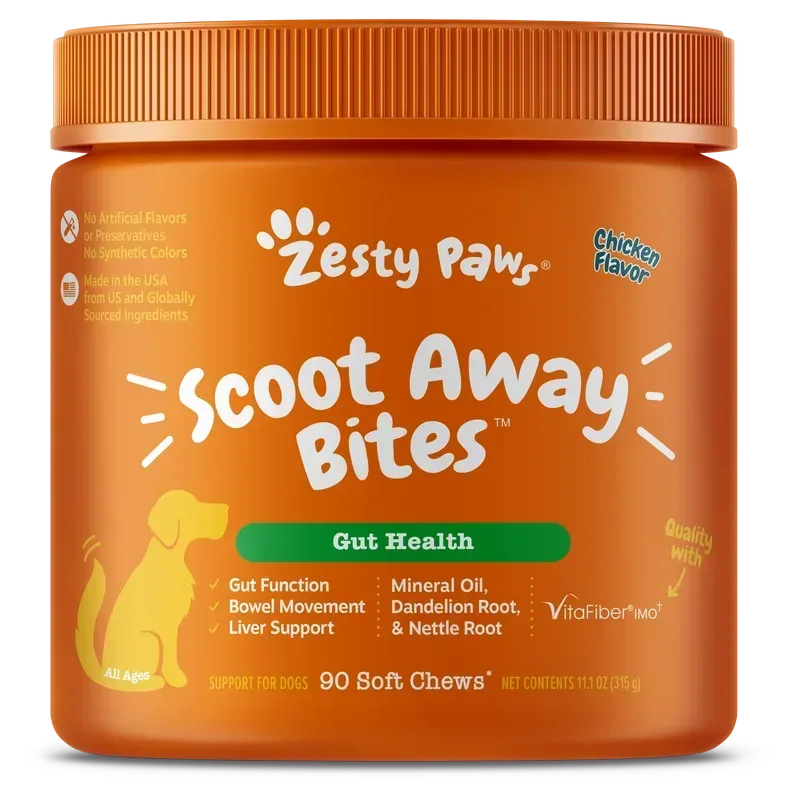 Zesty Paws Scoot Away Bites for Dogs, Digestive Support Functional Dog Supplement, Chicken Flavor, 90 Count Soft Chews