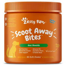 Chicken-flavored soft chew supplement jar with orange lid and Scoot Away Bites label
