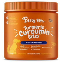 Turmeric curcumin bites supplement jar with orange lid and bacon flavor label