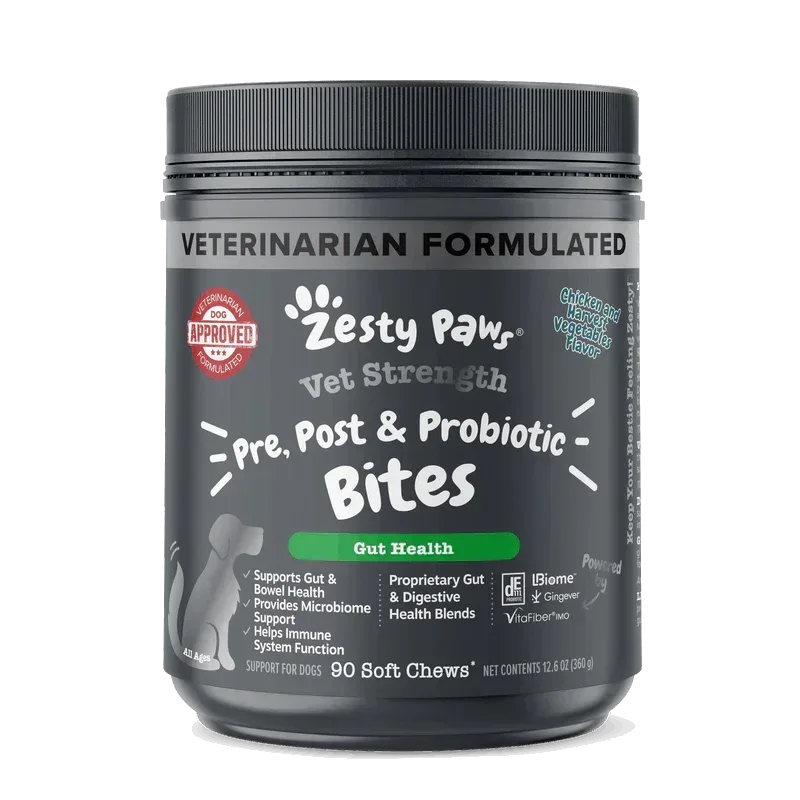 Zesty Paws Vet Strength Pre, Post & Probiotic Bites for Dogs, Dog Supplement for Gut Health, 60 Count