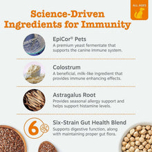 Immunity ingredients infographic listing Epicor Pets, Colostrum, Astragalus Root, gut blend