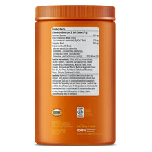 Orange supplement bottle back label with ingredients and Supplement Facts panel