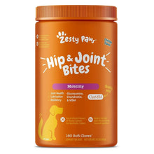 Zesty Paws Hip & Joint Bites dog treat jar, amber container with ribbed cap.