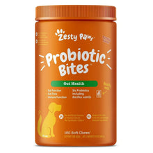 Probiotic bites supplement bottle with orange screw cap and front label.