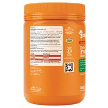 Orange probiotic bites jar back label with nutrition text and QR code, orange lid