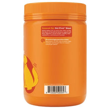 Orange probiotic bites jar with dog graphic and barcode label, orange lid