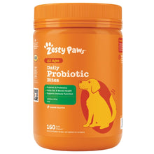 Orange plastic dog probiotic bites jar with orange lid, bacon flavor front label