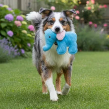 Blue elephant plush dog toy with pink ear lining and stitched quilted texture