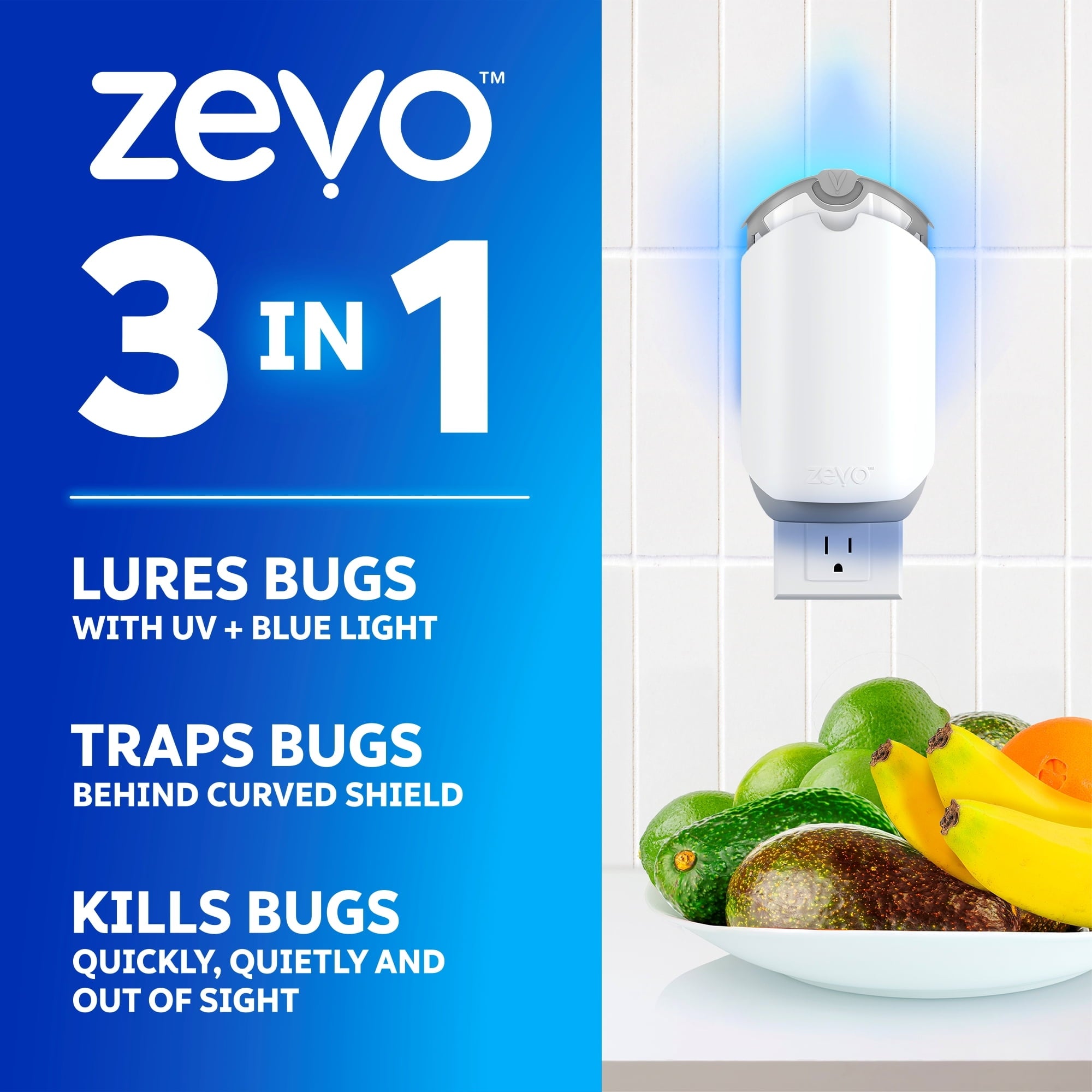 Zevo Flying Insect Indoor Fly Trap Full Size: Easy, Mess-Free Solution - Light Trap Catches & Kills House Flies, Fruit Flies, Gnats, & More (1 Plug in Device & 3 Cartridges)