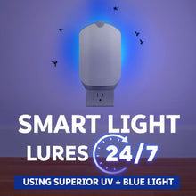 White plug-in fly trap device with blue light aura and small insect icons around