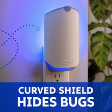 White plug-in fly trap device with blue light glow and curved top hood