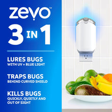 Zevo flying insect trap unit on wall outlet, with curved shield shown on device