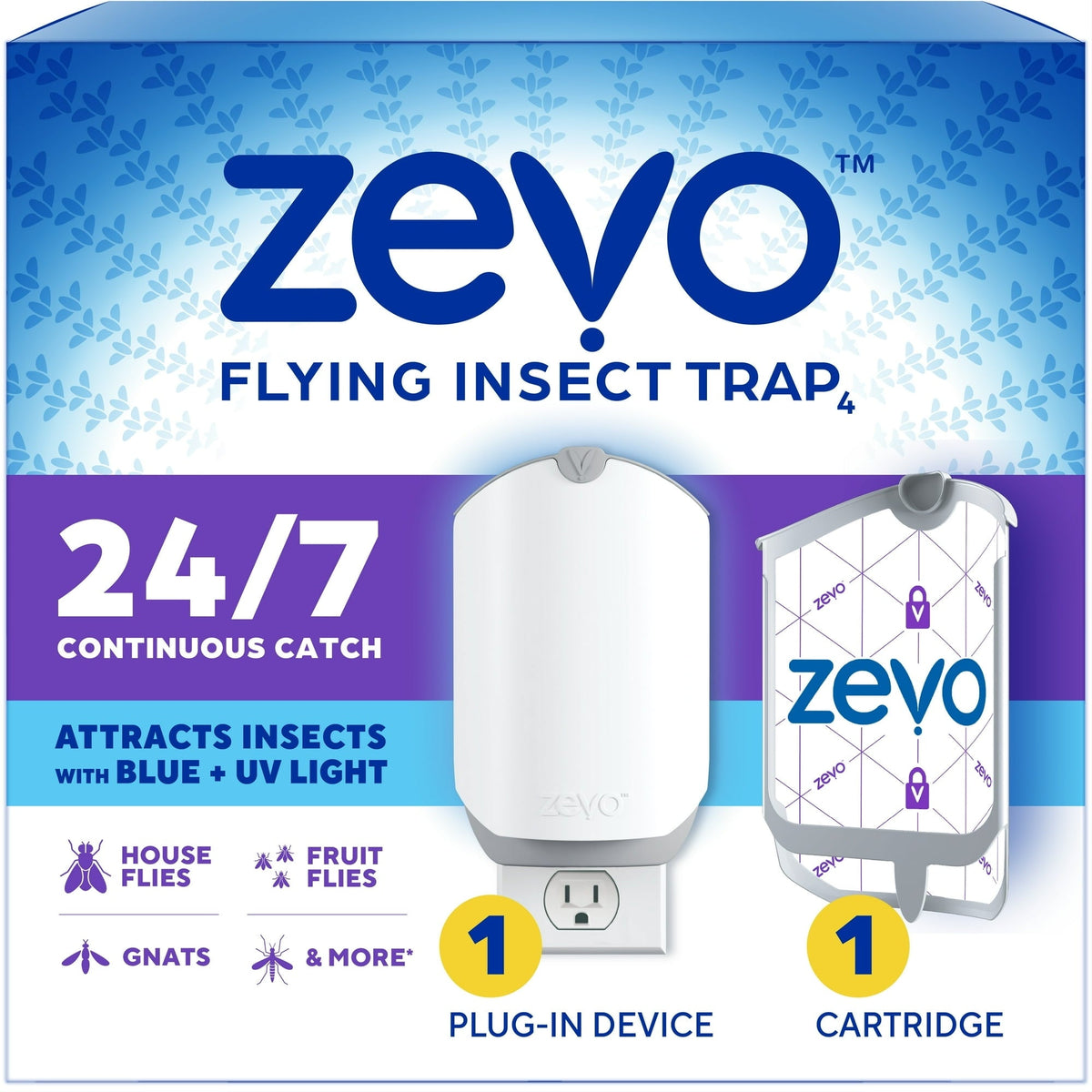 Zevo Flying Insect Indoor Fly Trap Full Size: Easy, Mess-Free Solution - Light Trap Catches & Kills House Flies, Fruit Flies, Gnats, & More (1 Plug in Device & 1 Cartridge)