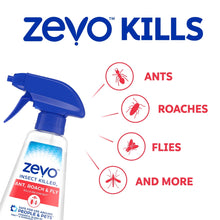 Insect killer spray bottle with blue trigger nozzle and red icons for ants, roaches, flies