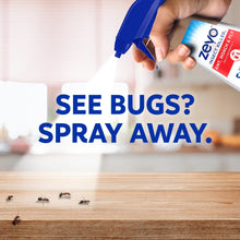 Hand holding insect killer spray bottle with blue trigger nozzle and see bugs message